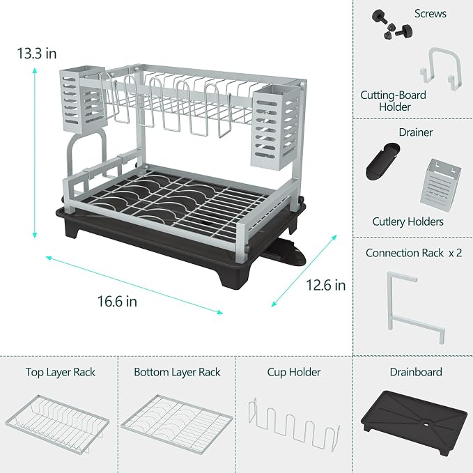 Dish Drying Rack, Rust-Proof 2 Tier Dish Racks for Kitchen Counter | Large Dish Drying Rack with Drainboard & Utensil Holders, Dish Drainers,Kitchen Organization