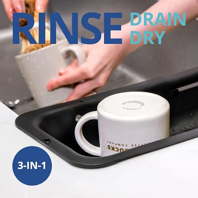 Blue Ginkgo Over Sink Colander, Extendable Kitchen Strainer, Black | Fits Most Sinks. Rinse, Drain and Dry with Ease.