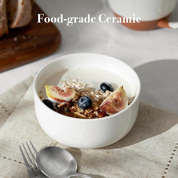 DOWAN White Ceramic Bowls Set of 6, 20 oz Ceramic Cereal Bowls, Everyday Cereal, Soup & Rice Bowls, Stackable Stoneware for Modern Kitchens, Dishwasher & Microwave Safe Bowl