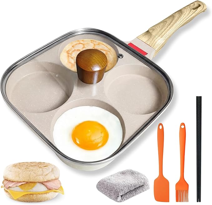 4‑Cup Nonstick Egg Pan Set with Lid – Aluminum Omelette Skillet for Breakfast, Includes Silicone Scraper, Oil Brush, Chopsticks & Cleaning Cloth – Compatible with Gas & Induction Cooktops (White)