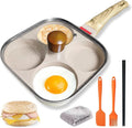 4‑Cup Nonstick Egg Pan Set with Lid – Aluminum Omelette Skillet for Breakfast, Includes Silicone Scraper, Oil Brush, Chopsticks & Cleaning Cloth – Compatible with Gas & Induction Cooktops (White)
