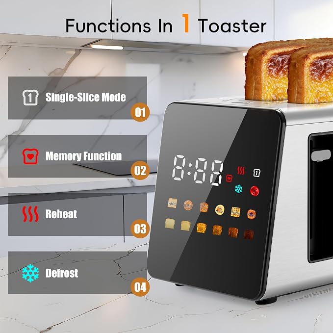 WUNLY Smart Touchscreen 2 Slice Toaster, Wide Slot, Memory & Single-Slot | Digital Timer, Extra Wide Slot for Bagels, 6 Shade Levels & 6 Bread Settings, Reheat, Defrost, Favorite, Platinum
