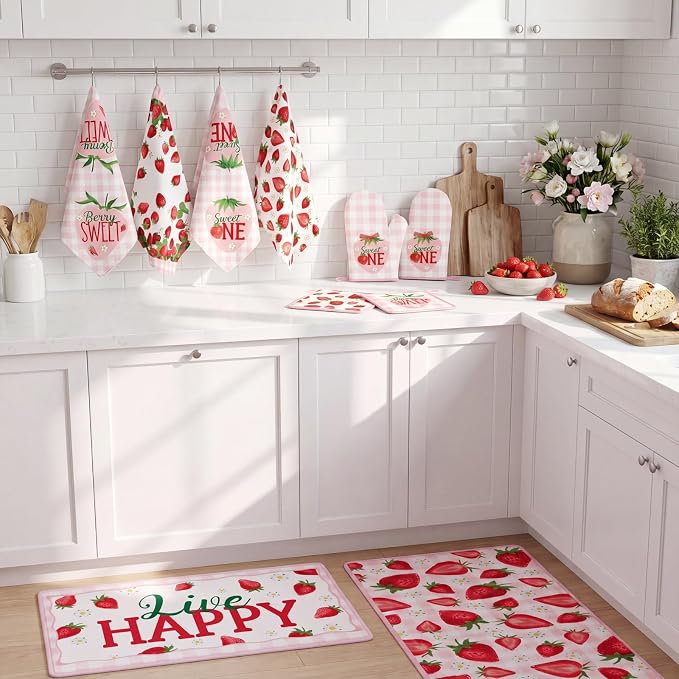 Fourluoo 10 Pcs Strawberry Kitchen Decor Sets 4 Pink Plaid Kitchen Dish Towels 2 Cute Pot Holders 2 Oven Mitts Glove 2 Summer Non Slip Rugs and Mats for Floor Home Decorations Accessories Mom Gift