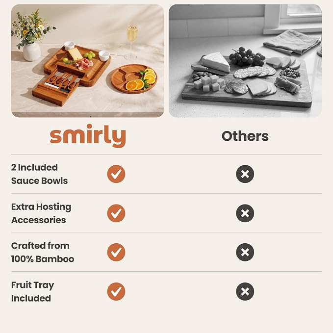 SMIRLY Charcuterie Board Set with Serving Accessories, Bamboo Brown | Housewarming and Wedding Gift for Couples, Designed for Movie Nights, Wine Nights and Serving Snacks at Home Gatherings