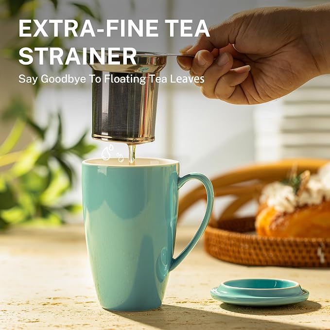 Sweese 15oz Porcelain Tea Mug with Infuser and Lid – Microwave Safe, Ergonomic Handle, Lead-Free Glaze, for Loose Leaf Tea Mint Green;