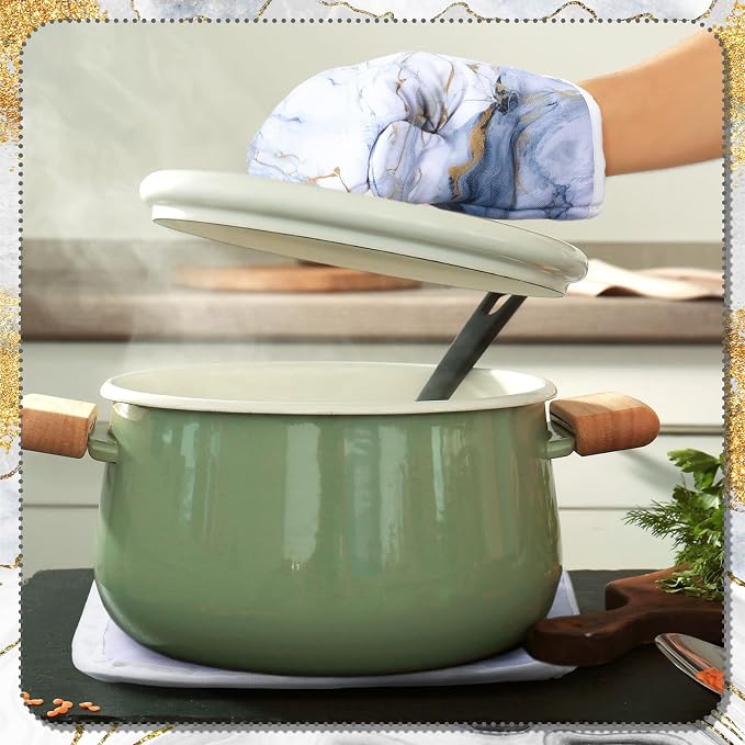 Leinuosen White and Gold Marble 8 Pcs Kitchen Towels and Dishcloths Sets Oven Mitts and Pot Holders Absorbent Kitchen Gloves Potholders Heat Resistant for Chef Baking Cooking