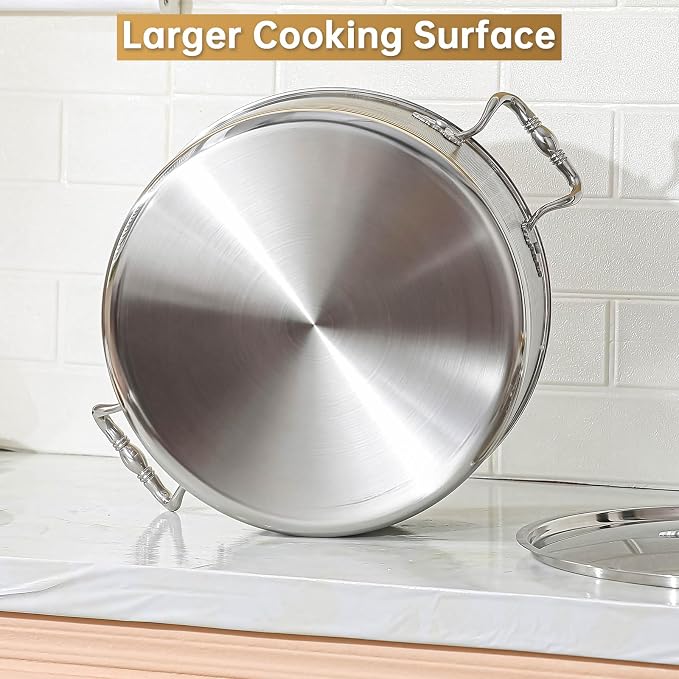 DELARLO Tri-Ply Stainless Steel 8QT Stock Pot,13 inch Everyday Pan with Lid, Kitchen Induction Deep Saute Pan,shabu shabu pot High Side Cooking Hot Pot Oven Safe Up to 600℉