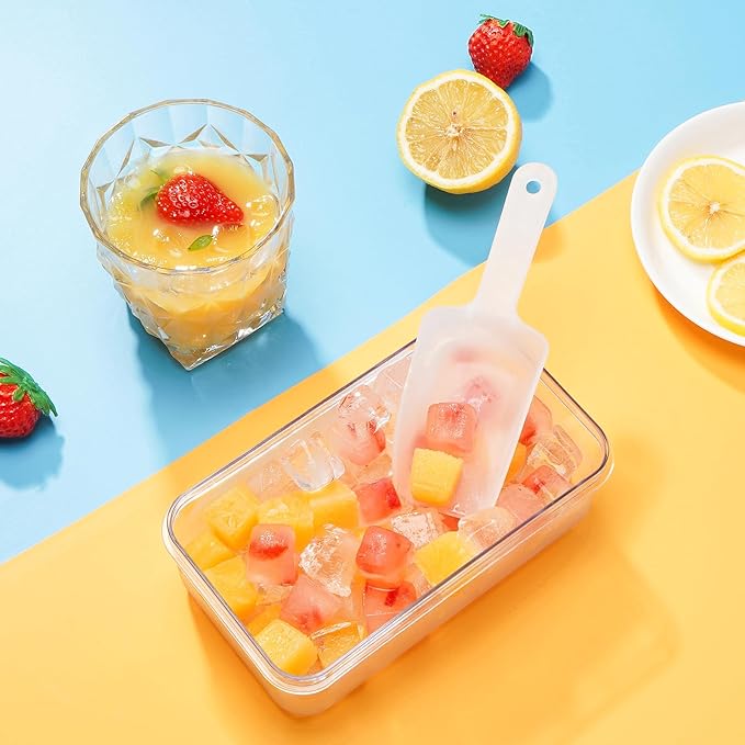 Ice Cube Tray with Lid and Bin, Easy Release 84 Cubes for Freezer | Food-grade BPA-free PP and ABS. Ice cubes for fruit, cocktails, iced coffee. Space-saving stackable with scoop