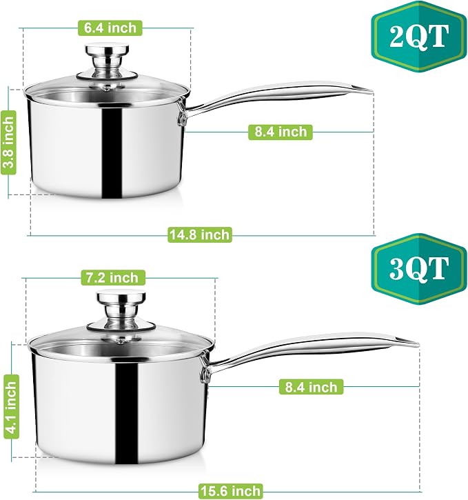 P&P CHEF 2 & 3 Quart Tri-Ply Saucepan with Visible Lid, Small Pot, 2 Piece | 2 & 3 Qt Stainless Steel Sauce Pan, Cooking Induction Pot Cookware for All Stoves, Healthy & Sturdy, Oven & Dishwasher Safe