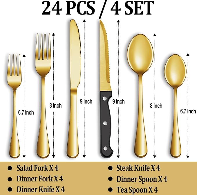 24 Pcs Gold Silverware Set with Steak Knives, Stainless Steel Flatware Cutlery Set for 4, Kitchen Tableware Sets, Utensil Sets for Home and Restaurant, Dishwasher Safe