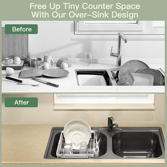 White Dish Drying Rack Over The Sink with Utensil Holder, Mat | Expandable Stainless Steel Dish Drainer for Small Kitchen, Apartment, RV, Counter Space Saving, Perfect Fit, Rustproof