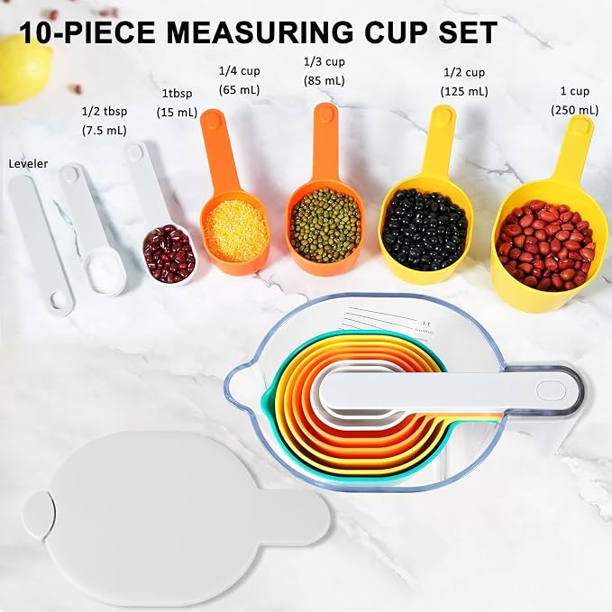 Stackable 10-Piece Measuring Cups and Spoons Set with White Lids | Kitchen gadgets for cooking & baking. Includes 10 stackable cups & spoons. Dishwasher-safe. For liquid & dry, multicolor