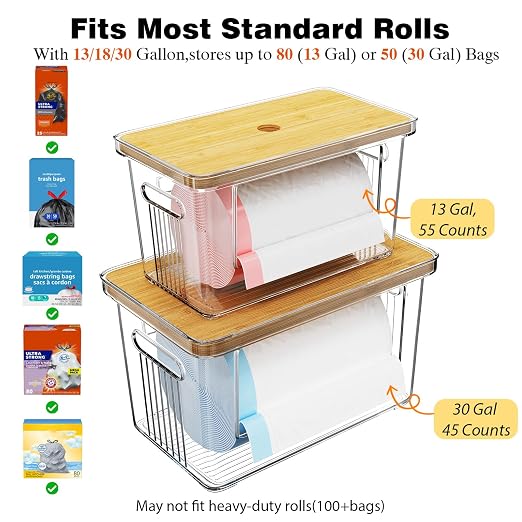 2 Pack Trash Bag Holder with Bamboo Lid, Stackable Acrylic Trash Bag Dispenser Roll Holder Under Sink, Plastic Container Garbage Bags Storage Organizer for Kitchen, Pantry, Laundry Room Organization