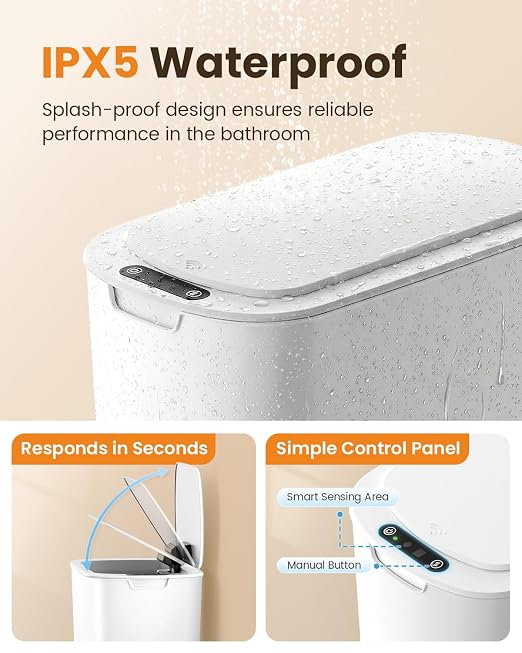 Cesun 5 Gallon Automatic Bathroom Trash Can with Lid, White, Touchless | Motion Sensor, Slim, Small Smart Garbage Bin, Plastic, Battery Operated, Manual Button, for Office/RV/Bedroom/Living Room