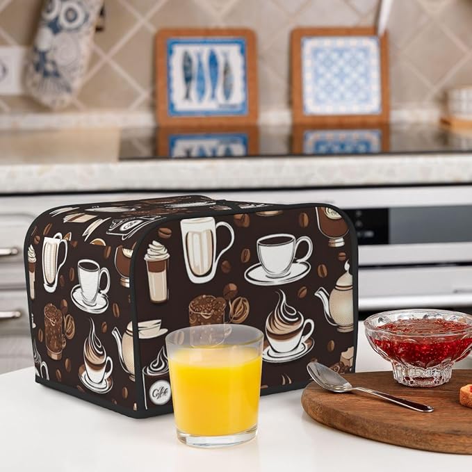 Toaster Cover 4 Slice with Coffee Pattern Dustproof Bread Maker Cover Fingerprint Bakeware Protection Wide Slot Toaster Bag Reusable Kitchen Small Appliance Cover