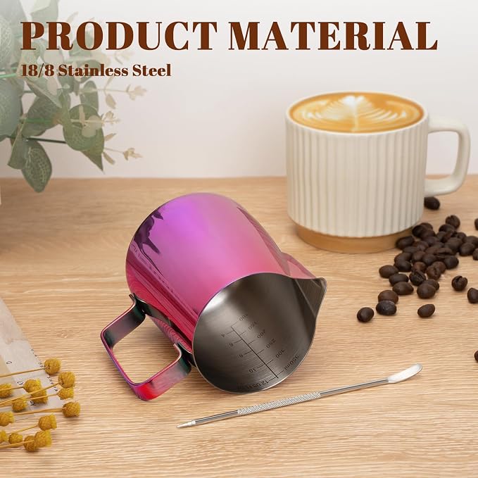 Amrules Milk Frothing Pitcher 12oz Frother Cup Barista Tools, Multipurple | 18/8 Stainless Steel, 12oz Capacity with Clear Scale, with Decorating Pen, Ergonomic Handle, for Cappuccino, Latte & Espresso