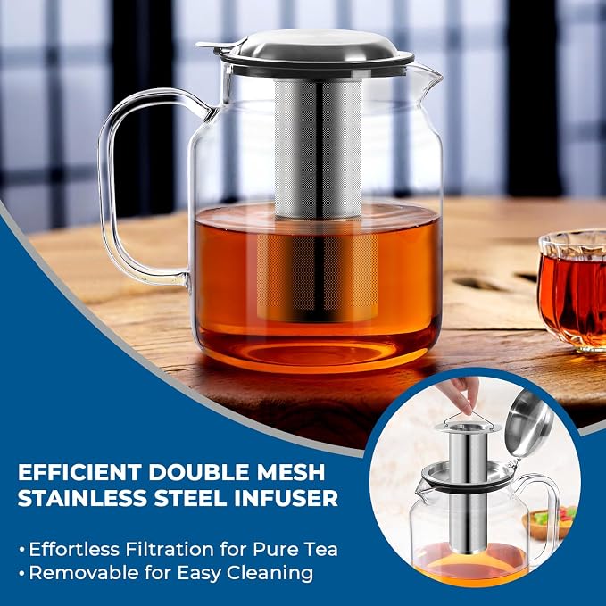 Aquach 85oz Glass Teapot with Infuser, Stovetop Safe Borosilicate Tea Pot | Dishwasher Safe, Plastic-free, Lead-free Material, Extra-Large Family Capacity, Precise Loose Leaf Filter