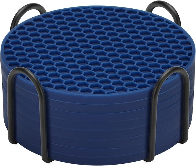 TWTLi Silicone Coasters Set of 8 with Holder — Non-Slip Drink Coasters for Coffee Table, Home Bar & Kitchen, Protects Wood & Marble Surfaces from Water Rings, Dishwasher Safe (Navy Blue)