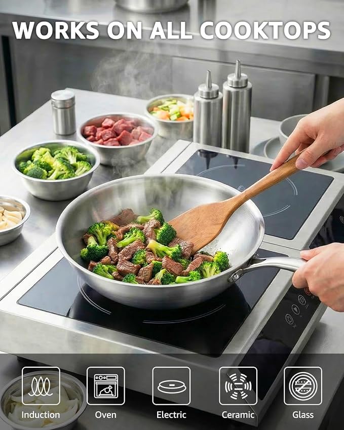 12 Inch Tri-Ply Stainless Steel Wok Pan, Uncoated Wok for Stir Fry | PFOA/PFOS Free, Heavy-Gauge Flat Bottomed Cookware, Suitable for Induction & Electric Stoves, Detachable Handle