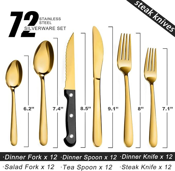 Pleafind 72Pcs Gold Silverware Set for 12 - Dishwasher Safe, Flatware Set with Steak Knives, Stainless Steel Cutlery Set, Include Forks Spoons and Knives Set, Utensil Sets for Home Restaurant