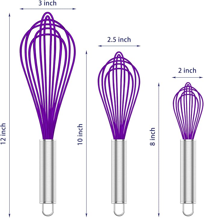 OYV Purple Silicone Whisk Set of 3, 8/10/12 Inch, Non-Scratch | Nonstick-Safe, BPA-Free Silicone, Heat Resistant Up to 480°F, Stainless Steel Core, Dishwasher Safe, Easy to Clean