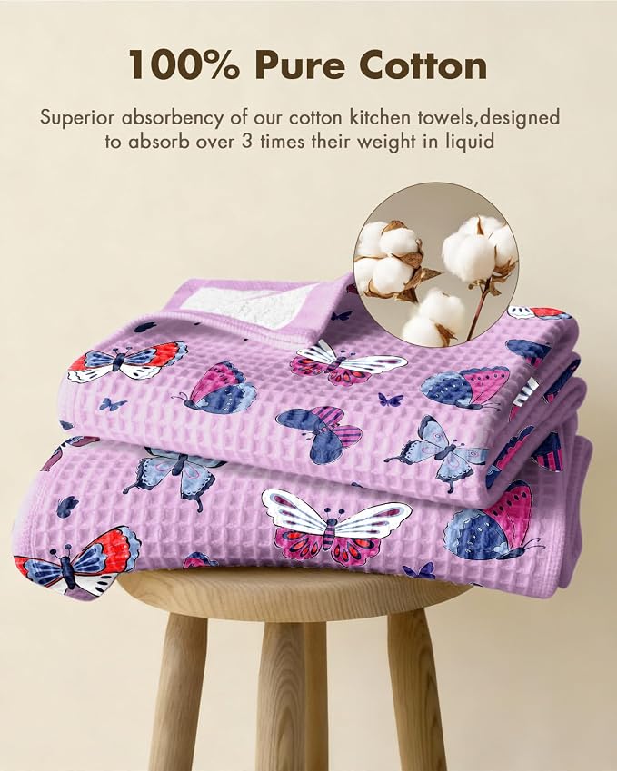 370GSM Cotton Waffle Kitchen Towels, Butterfly | Pure Cotton, Sustainable, Waffle Weave, Terry Cloth, Highly Absorbent, Decorative, 16"x25", with Hanging Loop