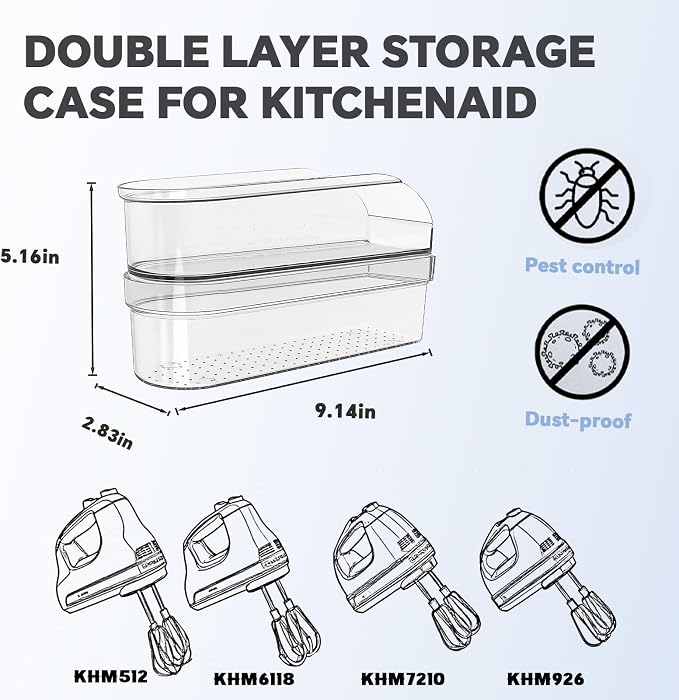 Hand Mixer Storage Case Compatible with KitchenAid KHM5, KHM6, KHM7 and KHM9 Ultra Power Hand Mixers, Double-Layer Clear Polycarbonate Organizer, Case Only