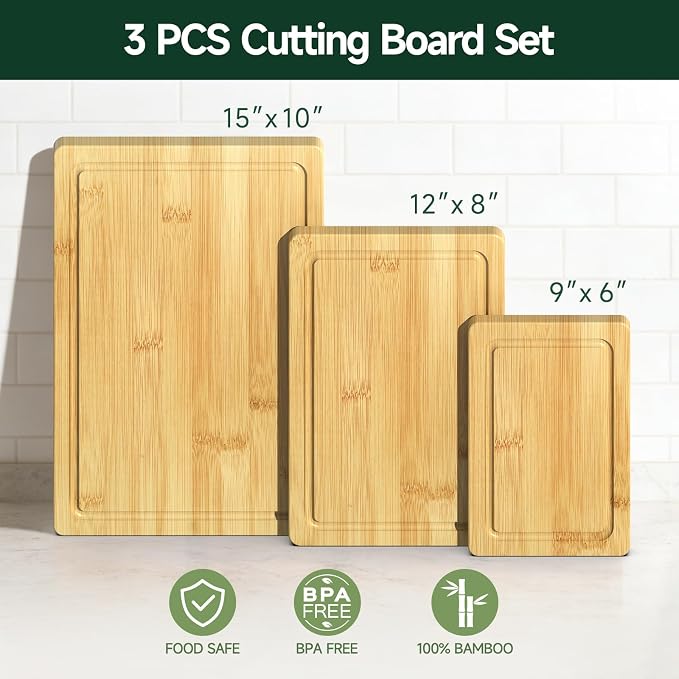 3-Piece Set Deep-Carbonized Bamboo Cutting Board for Kitchen, Natural | Crack-Resistant Wood Chopping Boards with Deep Juice Grooves, Pre-Oiled Butcher Block for Meat, Vegetables & Cheese