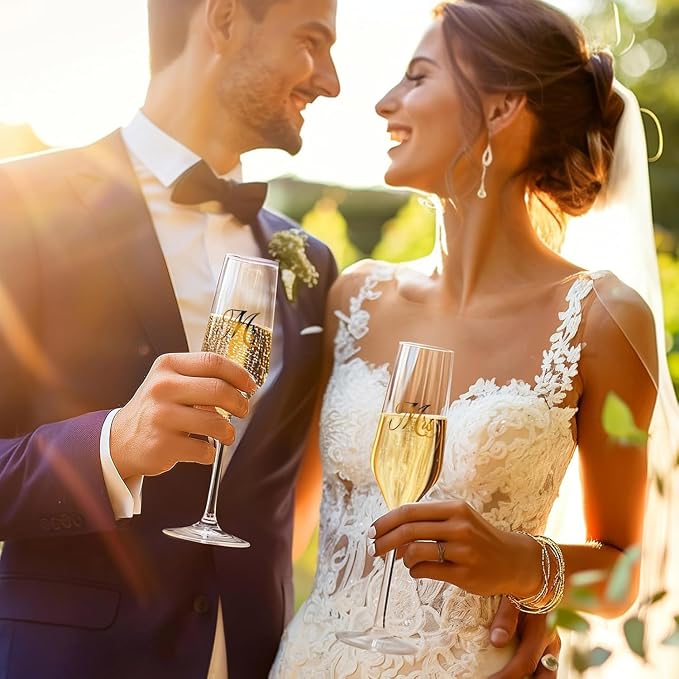 Mfacoy Mr. & Mrs. Champagne Flute Set, Wedding Decor - His and Hers, Wedding Toasting Glasses for Engagement Celebrations, Bridal Shower and Registry Idea, Tall Wine Glasses for Bride and Groom Gifts