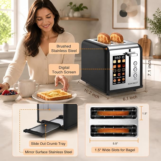 2 Slice Touch Screen Toaster Stainless Steel with Wide Slots for Family Breakfast, Even Toasting for Bagels & Bread, Defrost & Reheat, Easy Removable Crumb Tray, Matt Black