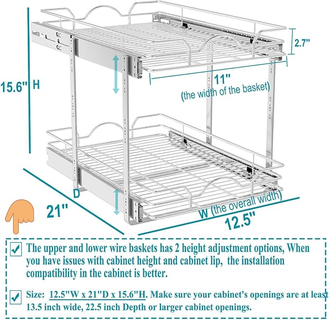 OCG 2 Tier Pull Out Cabinet Organizer (12.5" W x 21" D), Pull Out Drawers for Kitchen Cabinets, Pull Out Shelves for Base Cabinet Organization in Kitchen Bathroom Pantry, Chrome Finish