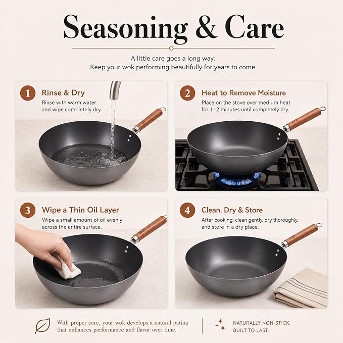 10.2-Inch Nitrided Carbon Steel Wok with Lid, Flat Bottom | 3.7-Qt wok with tempered glass lid for 1-3 servings; lightweight, induction compatible, coating-free, and seasoning required.