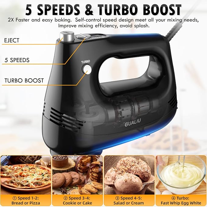 GUALIU Electric Hand Mixer, 304*(2* Beaters, 2* Dough Hooks), (1* Storage Bag) Handheld Mixer for Baking Cakes, Eggs, Cream Food Mixers, Turbo Boost /5 Speed Kitchen Blender BLACK