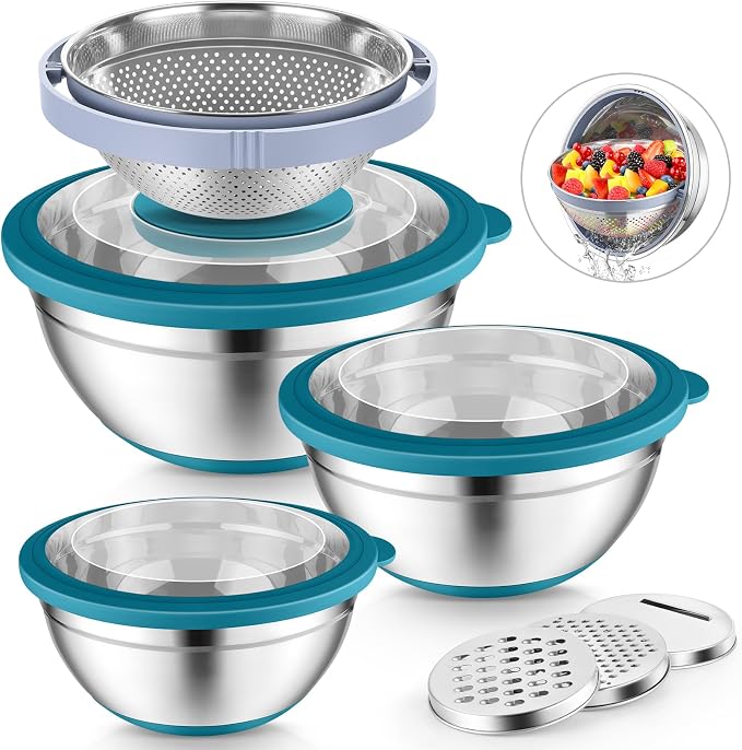P&P CHEF Mixing Bowls with Lids, Metal Mixing Bowl with Colander, Blue | 3 PCS Stainless Steel nesting bowls for Prepping, Storing, Colander for Draining, 3 Grater Attachments & Non-Slip Bottoms