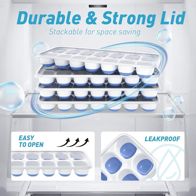 ChefAide Ice Cube Tray with Lid, 4 Packs 56 Cubes Durable Stackable Ice Cube Trays for Freezer with Removable Lids, Easy-Release Plastic & Silicone Ice Tray for Cocktail, Coffee