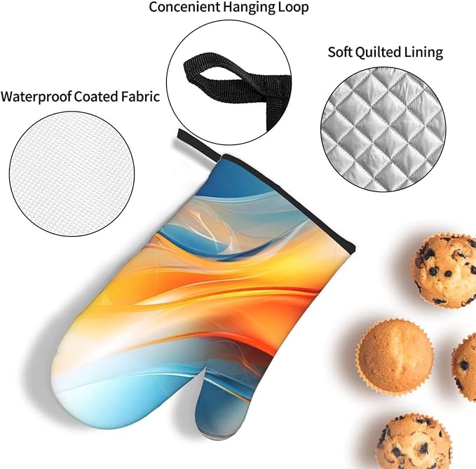 Burnt Orange Blue Abstract Fluid Oven Mitts and Pot Holders Sets of 3, Heat Resistant Non-Slip Boho Modern Kitchen Gloves Gift for Cooking Lover, Stylish Kitchen Decor for Baking BBQ Cooking Grilling