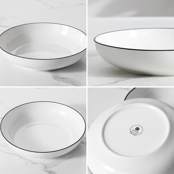 MALACASA 10" Large Pasta Bowls, 56 OZ White Salad Bowls Soup Bowls, Porcelain Serving Bowls Set of 4, Ivory White & Black Rim, Microwave & Dishwasher Safe, Series REGULAR