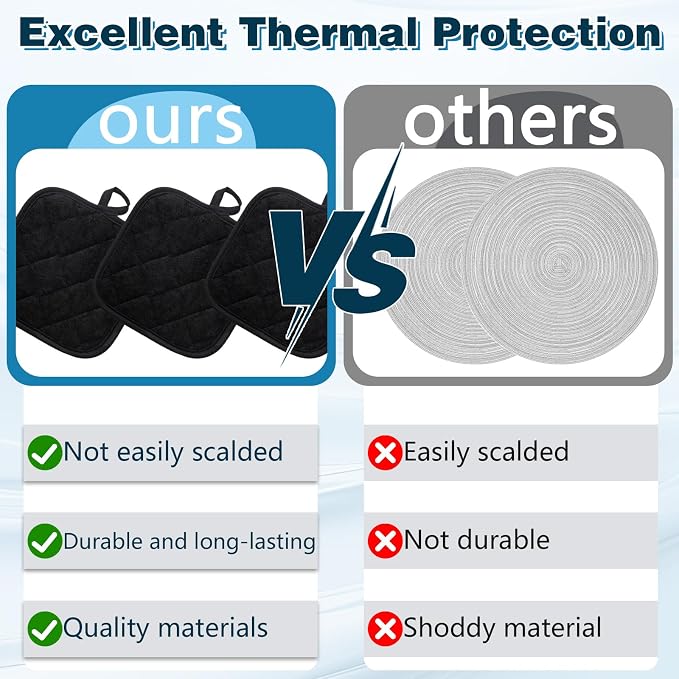 6pcs Pot Holders for Kitchen, Cotton Kitchen Hot Pads, Heat Resistant Oven Mitts and Pot Holders Sets (Black,6)