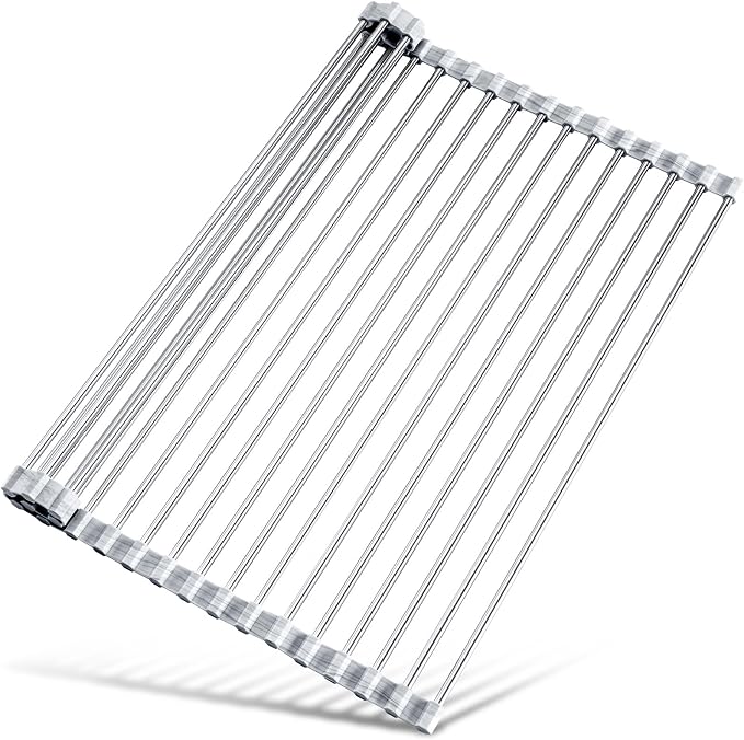 Tomorotec Roll Up Dish Drying Rack Over Sink, 304 Steel, 21x15.5, Marble | Anti-Slip Silicone Rims For Grip, Heat-Resistant Trivet Mat Holding Heavy Cookware, Rustproof Kitchen Counter Space Saver