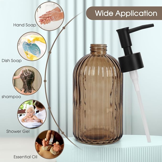 13.5oz Stripe Glass Soap Dispenser with Black Plastic Pump, 400ml Liquid Hand Soap Dispenser, Rustproof Pump for Kitchen & Bathroom, Great for Lotions, Essential Oil, Liquid Soaps-Amber