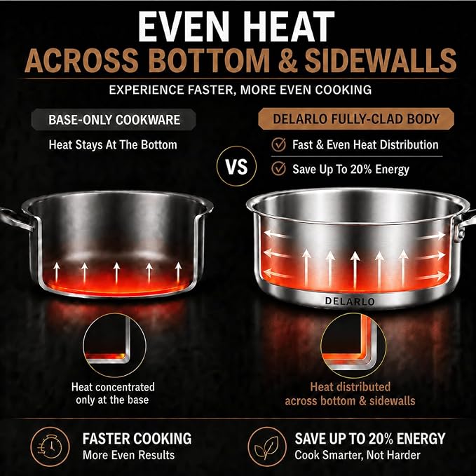 DELARLO Tri-Ply Stainless Steel 10 Inch Frying Pan,3 Quart Sauté Pan with lid,Compatible with All Cooktops,Oven Up to 660℉,Chicken Fryer,Dishwasher-Friendly