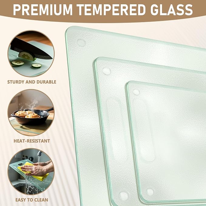 3 Pack Glass Cutting Boards for Kitchen Counter, Clear Tempered Glass Cutting Board Set with Handle (16"x12" & 12"x8" & 9"x6"), Scratch Resistant, Dishwasher Safe, Non-toxic, Easy to Clean