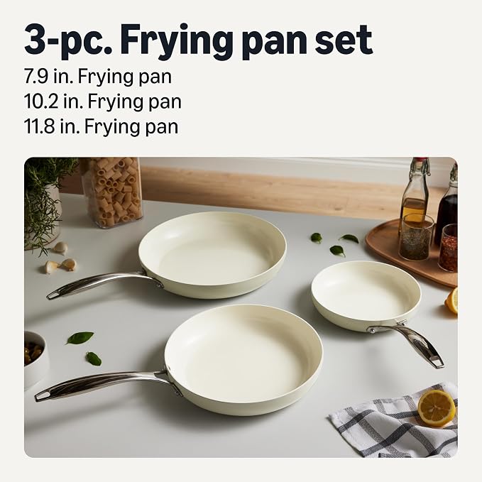 Amazon Basics Ceramic Nonstick Cookware, 3-Piece Frying Pan Set, All Cooktop Induction Compatible, Dishwasher-Safe, Oven-Safe, Ivory