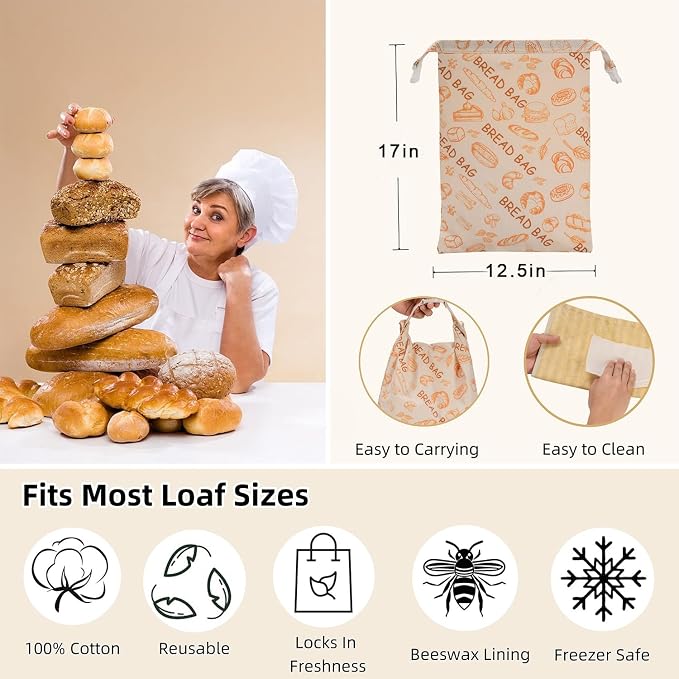 Beeswax Bread Bags for Sourdough,Bread Bags for Homemade Bread 2 Pack | Extra Large 17"×12.5", Reusable Organic Cotton Linen Bread Storage Bag,Eco-Friendly Keeps Bread Fresh Naturally