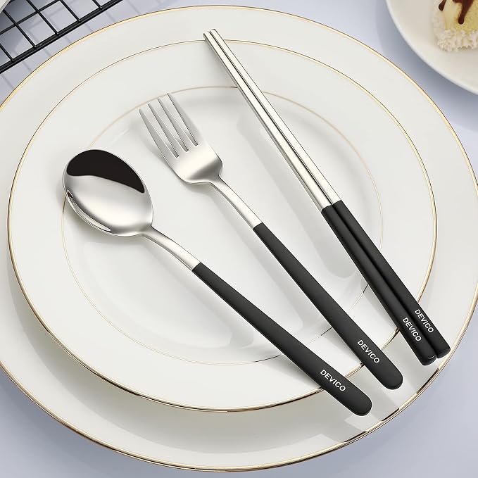 DEVICO Camping Utensils, Full-Size Reusable Silverware for Lunch Adult | 18/8 Stainless Steel Reusable Travel Cutlery Set,Korean Chopsticks Fork and Spoon Set for Lunch Box/Camping/Picnic/Dorm,Black
