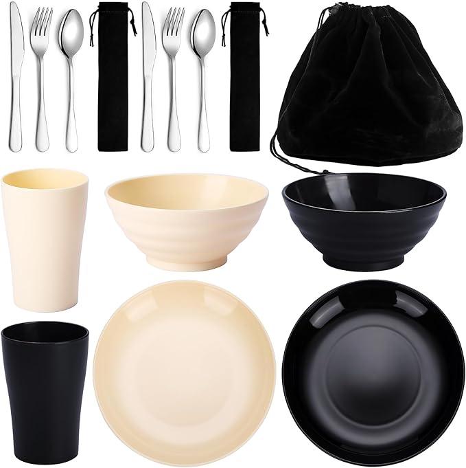 Kyraton Camping Utensils - Travel & Picnic Mess Kit, Silverware Set Includes Knife, Spoon, Fork, Cup, Bowl, Plate - Camping Essentials for 2