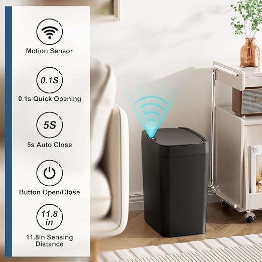 Vanpopubs 2 Pack 2.7 Gal Bathroom Trash Can with Lid, Automatic Trash Can Small Smart Garbage Can Touchless, Slim Motion Sensor Waterproof Plastic Trash Bins for Bedroom Office Kitchen Toilet Black