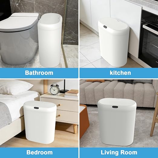 Naisu 4 Gallon Automatic Sensor Trash Can with Lid, 2 Pack Sealed Slim Design Waterproof Bathroom & Kitchen Garbage Bin, Motion Sensor Technology, Ideal for Small Spaces (White)