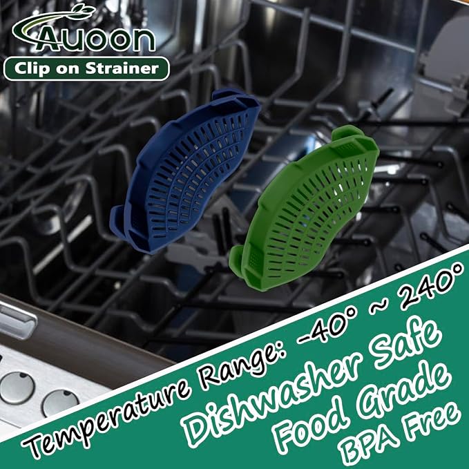 AUOON Clip On Pot Strainer Silicone, Standard 8.86 x 3.55in, Navy | BPA-free, Fits All Pots Pans Bowls, Dishwasher Safe, for Pasta Noodles Vegetable Fruits, Space-saving Kitchen Gadget