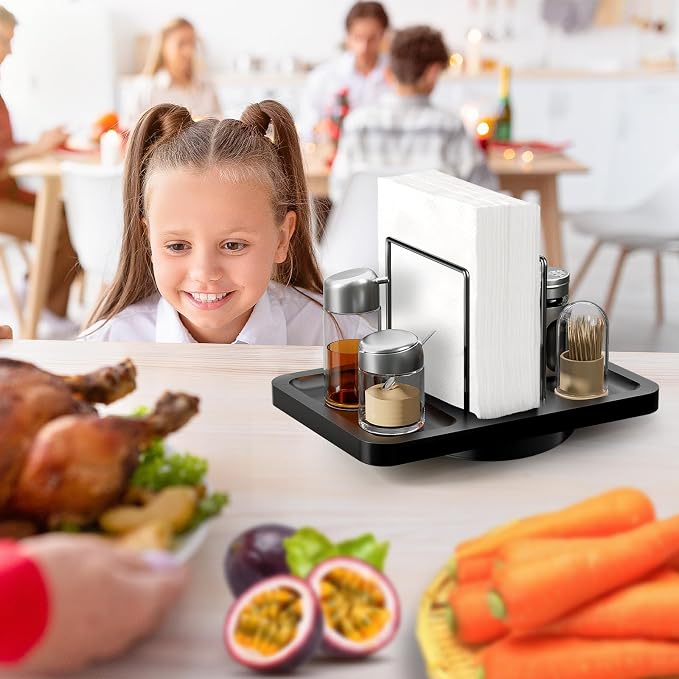 Rotating Napkin Holder for Table with Salt Pepper Shakers Caddy, Black | Bamboo Standing Napkin Dispenser, Metal Paper Napkin Storage for Bathroom Home Kitchen Farmhouse Decor Not Including Shakers